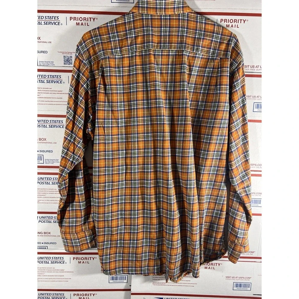 ORVIS Button Down Shirt Mens L 100% Cotton Orange Blue Tartan‎ Plaid Long Sleeve